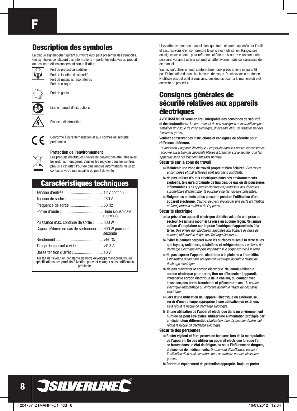 Caractéristiques techniques, Description des symboles | Silverline Inverter 300W User Manual | Page 9 / 28
