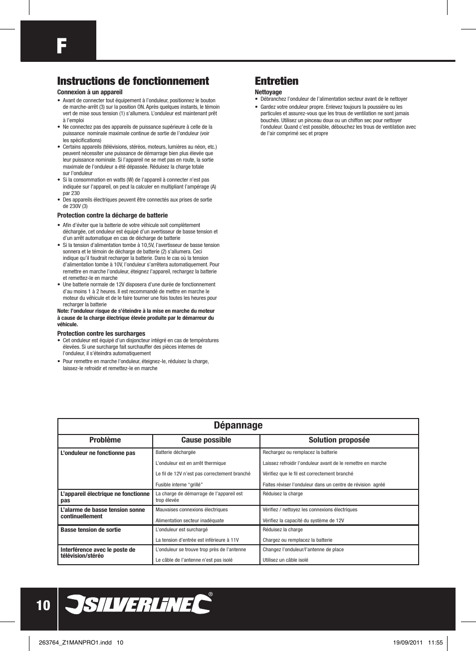 Instructions de fonctionnement, Entretien, Dépannage | Silverline Inverter 700W User Manual | Page 11 / 28