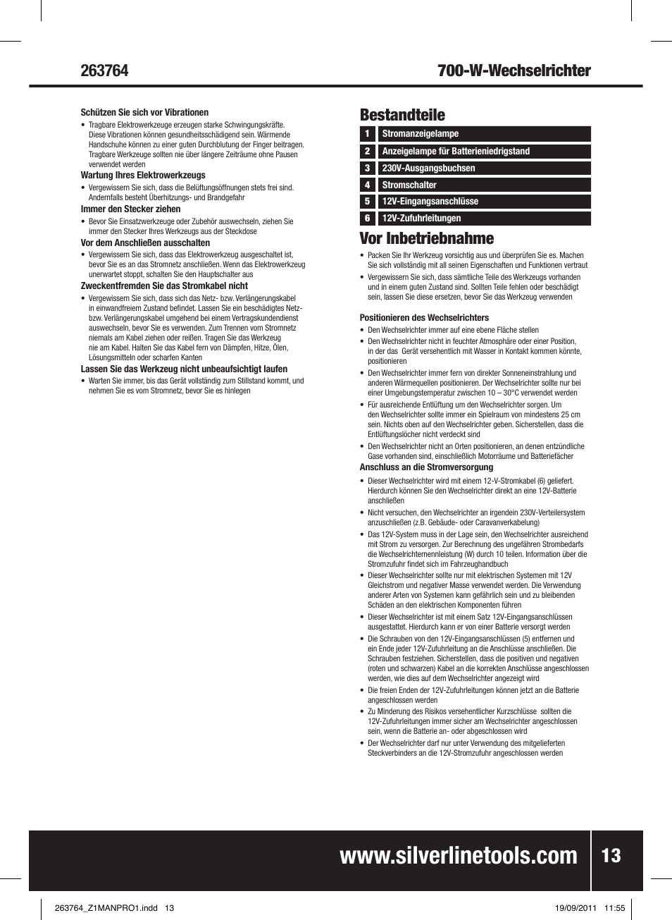 Bestandteile, Vor inbetriebnahme | Silverline Inverter 700W User Manual | Page 14 / 28