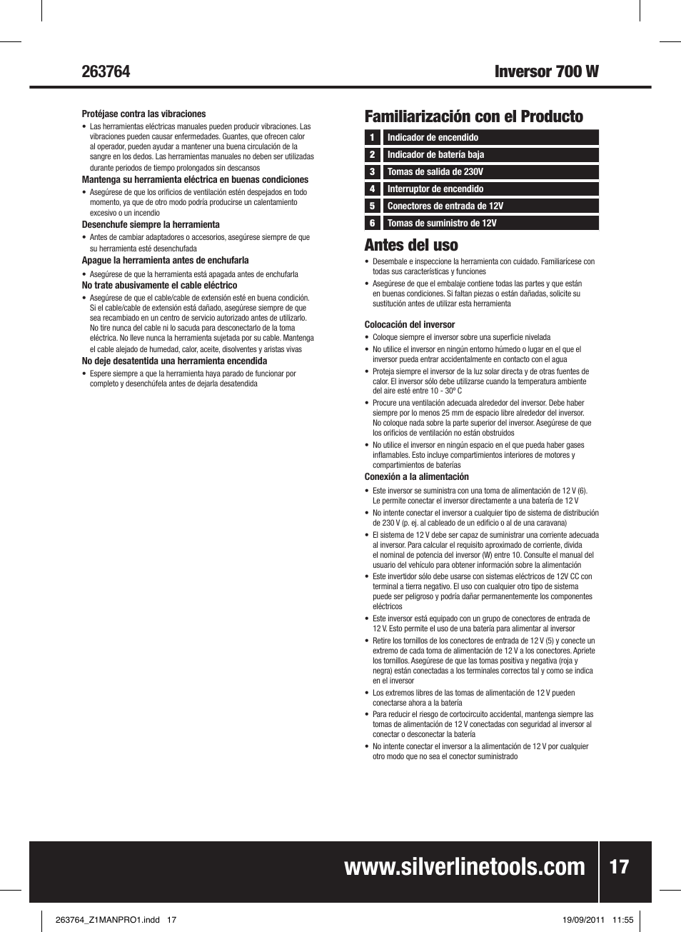 Familiarización con el producto, Antes del uso | Silverline Inverter 700W User Manual | Page 18 / 28