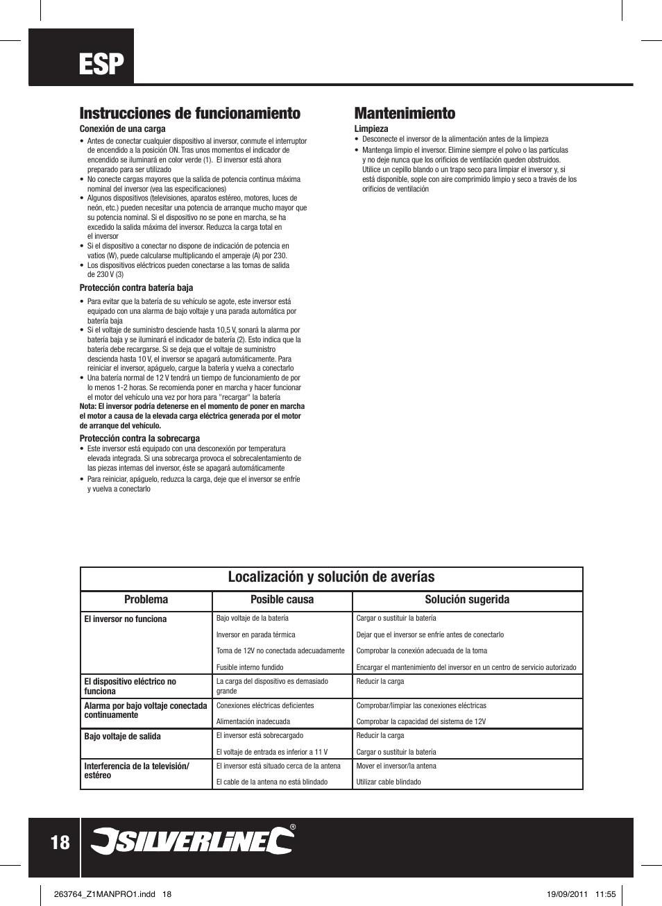 Mantenimiento, Instrucciones de funcionamiento, Localización y solución de averías | Problema posible causa solución sugerida | Silverline Inverter 700W User Manual | Page 19 / 28