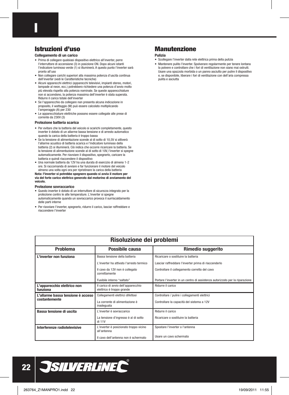 Istruzioni d’uso, Manutenzione, Risoluzione dei problemi | Silverline Inverter 700W User Manual | Page 23 / 28