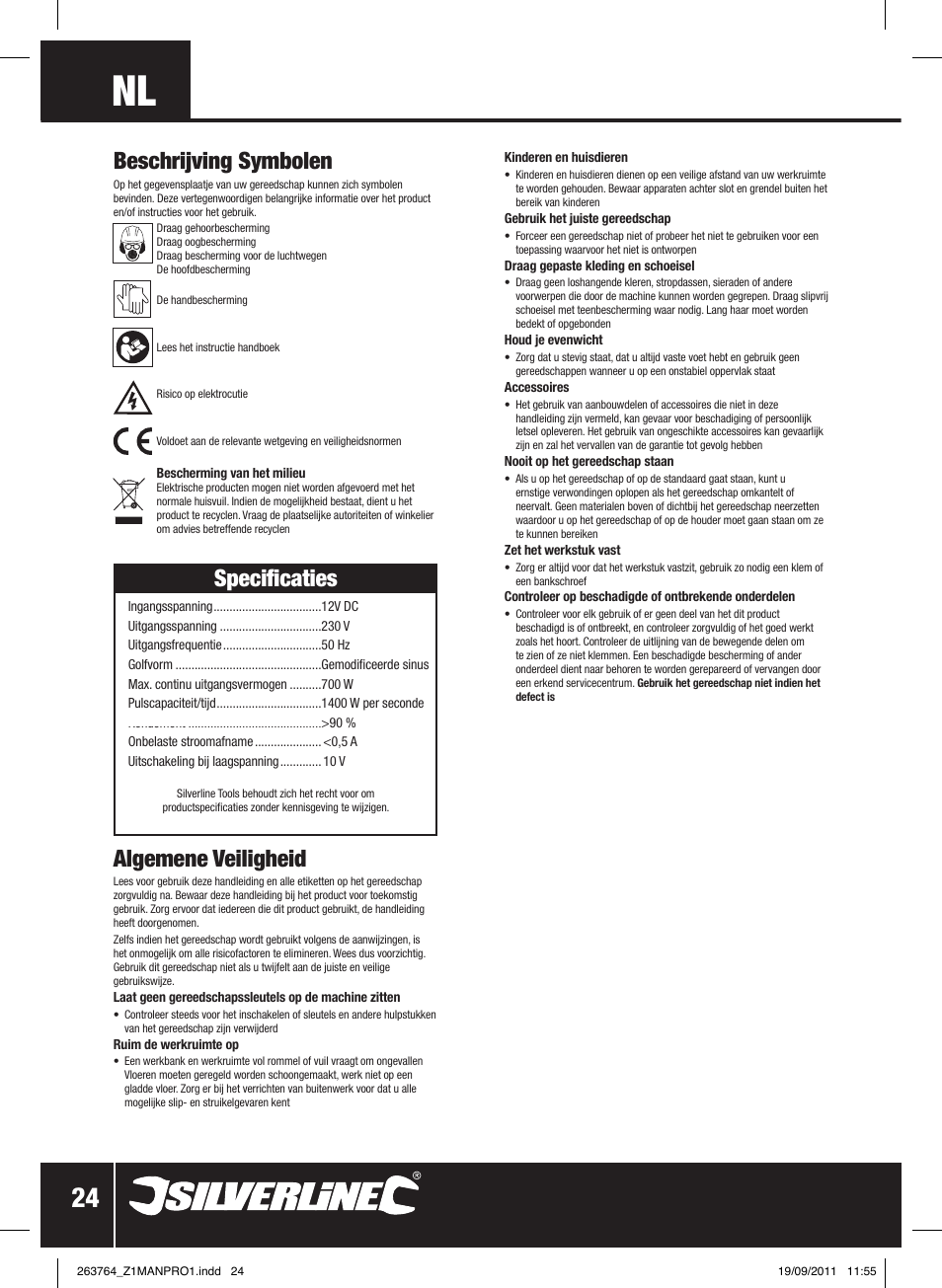 Specificaties, Beschrijving symbolen, Algemene veiligheid | Silverline Inverter 700W User Manual | Page 25 / 28