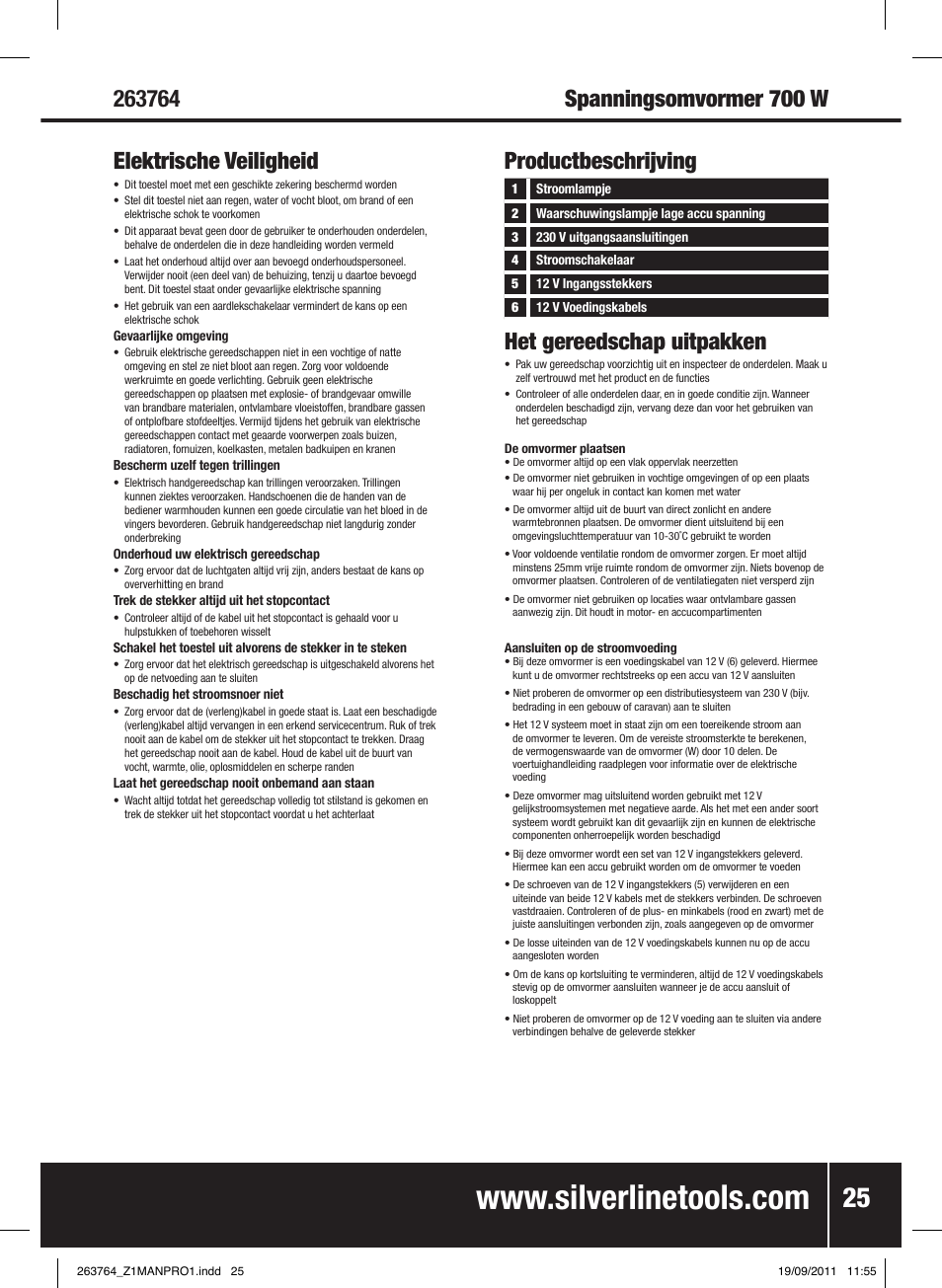 Het gereedschap uitpakken, Productbeschrijving | Silverline Inverter 700W User Manual | Page 26 / 28