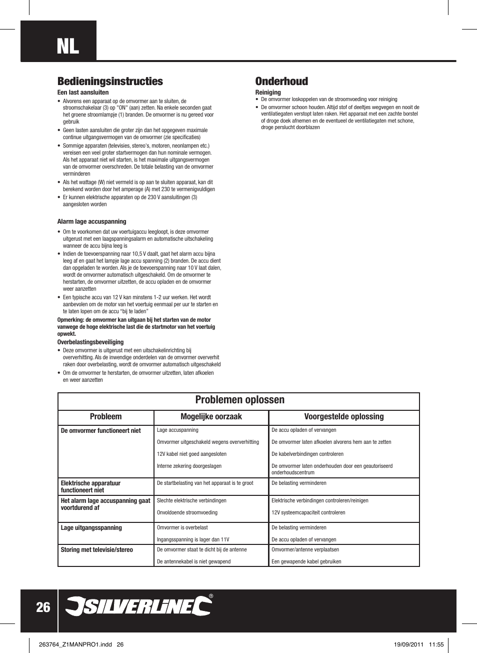 Bedieningsinstructies, Problemen oplossen, Onderhoud | Probleem mogelijke oorzaak voorgestelde oplossing | Silverline Inverter 700W User Manual | Page 27 / 28