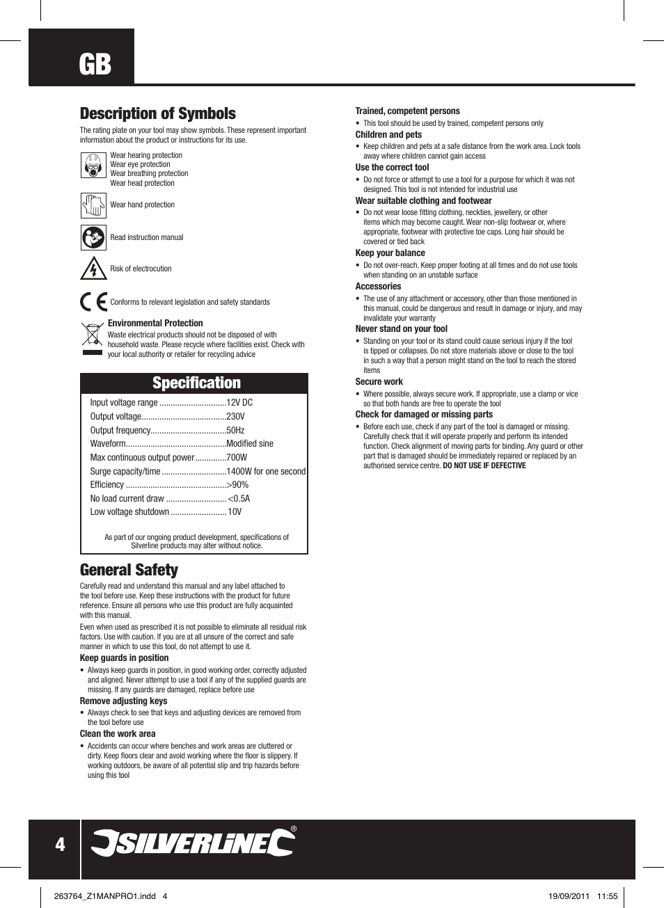Specification, Description of symbols, General safety | Silverline Inverter 700W User Manual | Page 5 / 28