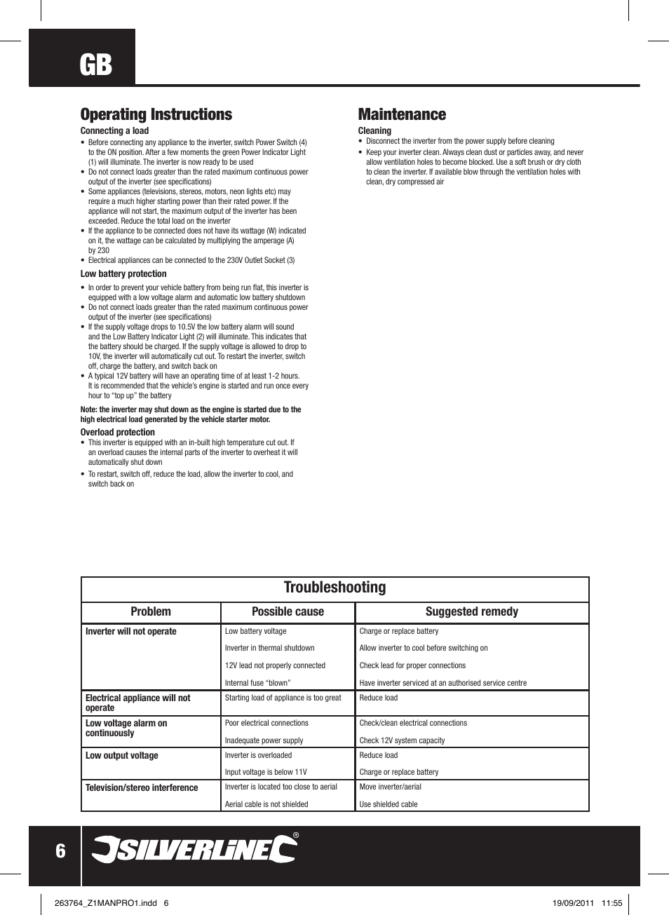 Operating instructions, Maintenance, Troubleshooting | Problem possible cause suggested remedy | Silverline Inverter 700W User Manual | Page 7 / 28