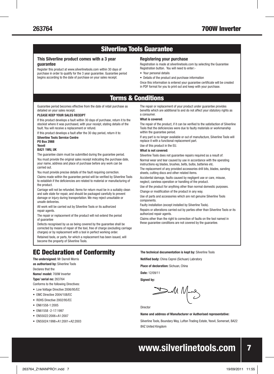 Ec declaration of conformity, Terms & conditions silverline tools guarantee, Troubleshooting | Problem possible cause suggested remedy | Silverline Inverter 700W User Manual | Page 8 / 28