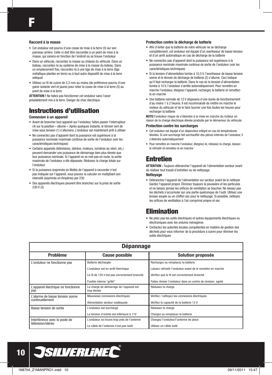 Entretien, Elimination, Instructions d’utilisation | Dépannage | Silverline Inverter 1000W User Manual | Page 11 / 28