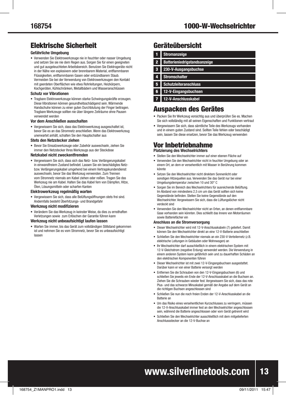 Auspacken des gerätes, Geräteübersicht, Vor inbetriebnahme | Silverline Inverter 1000W User Manual | Page 14 / 28