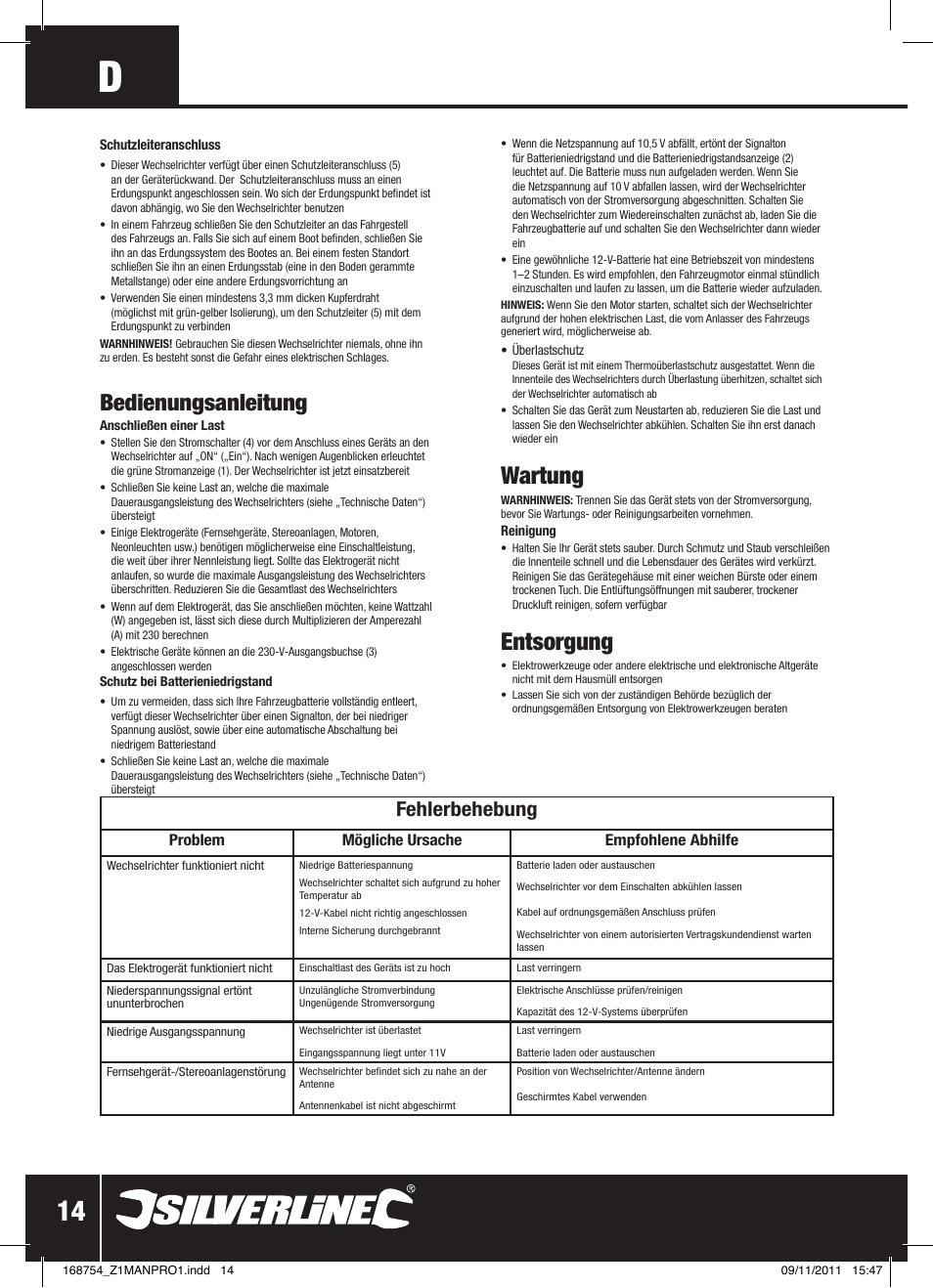 Wartung, Entsorgung, Bedienungsanleitung | Fehlerbehebung | Silverline Inverter 1000W User Manual | Page 15 / 28