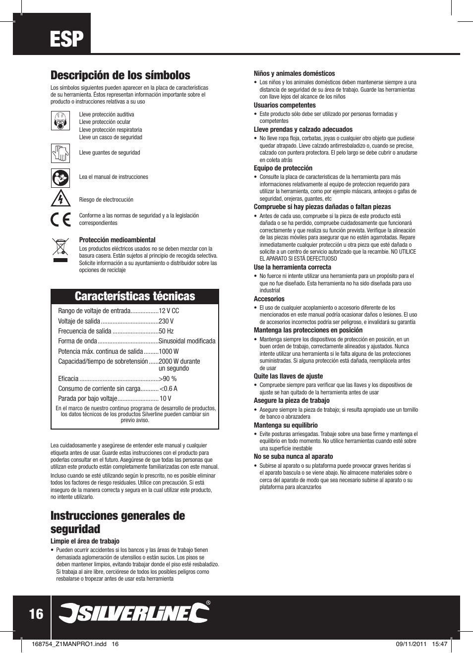 Características técnicas, Instrucciones generales de seguridad, Descripción de los símbolos | Silverline Inverter 1000W User Manual | Page 17 / 28