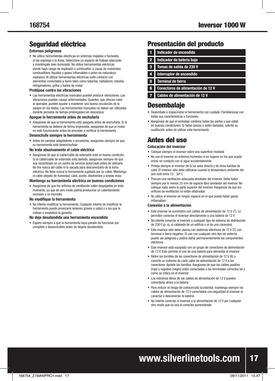 Desembalaje, Presentación del producto, Antes del uso | Silverline Inverter 1000W User Manual | Page 18 / 28