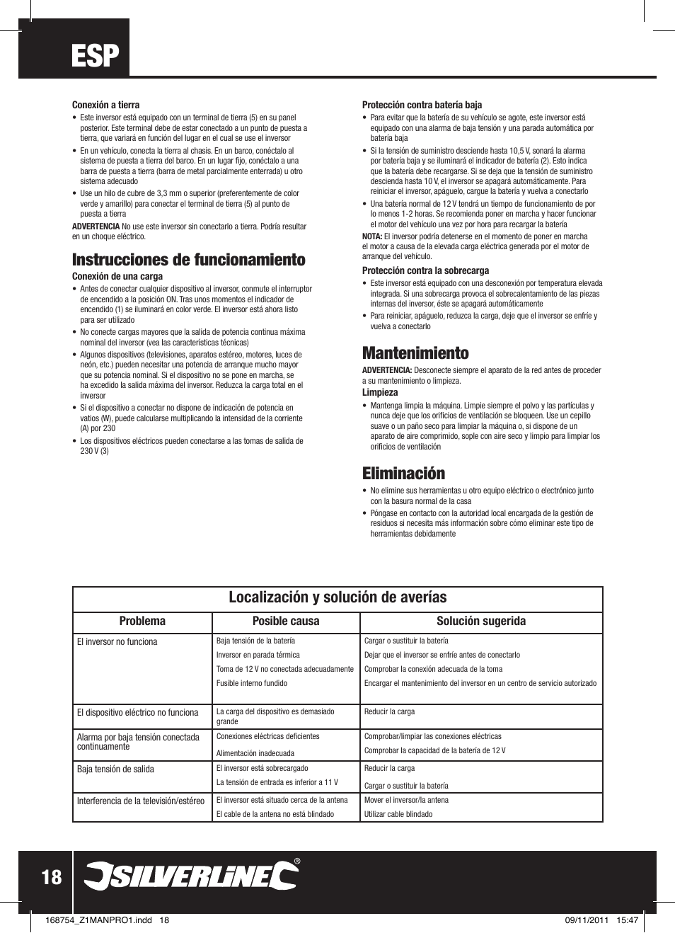 Mantenimiento, Eliminación, Instrucciones de funcionamiento | Localización y solución de averías | Silverline Inverter 1000W User Manual | Page 19 / 28
