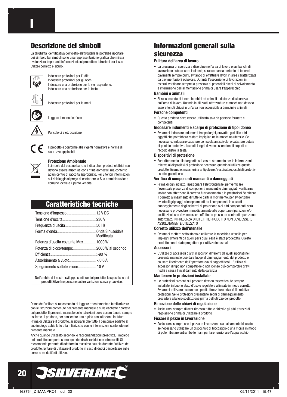 Informazioni generali sulla sicurezza, Caratteristiche tecniche, Descrizione dei simboli | Silverline Inverter 1000W User Manual | Page 21 / 28