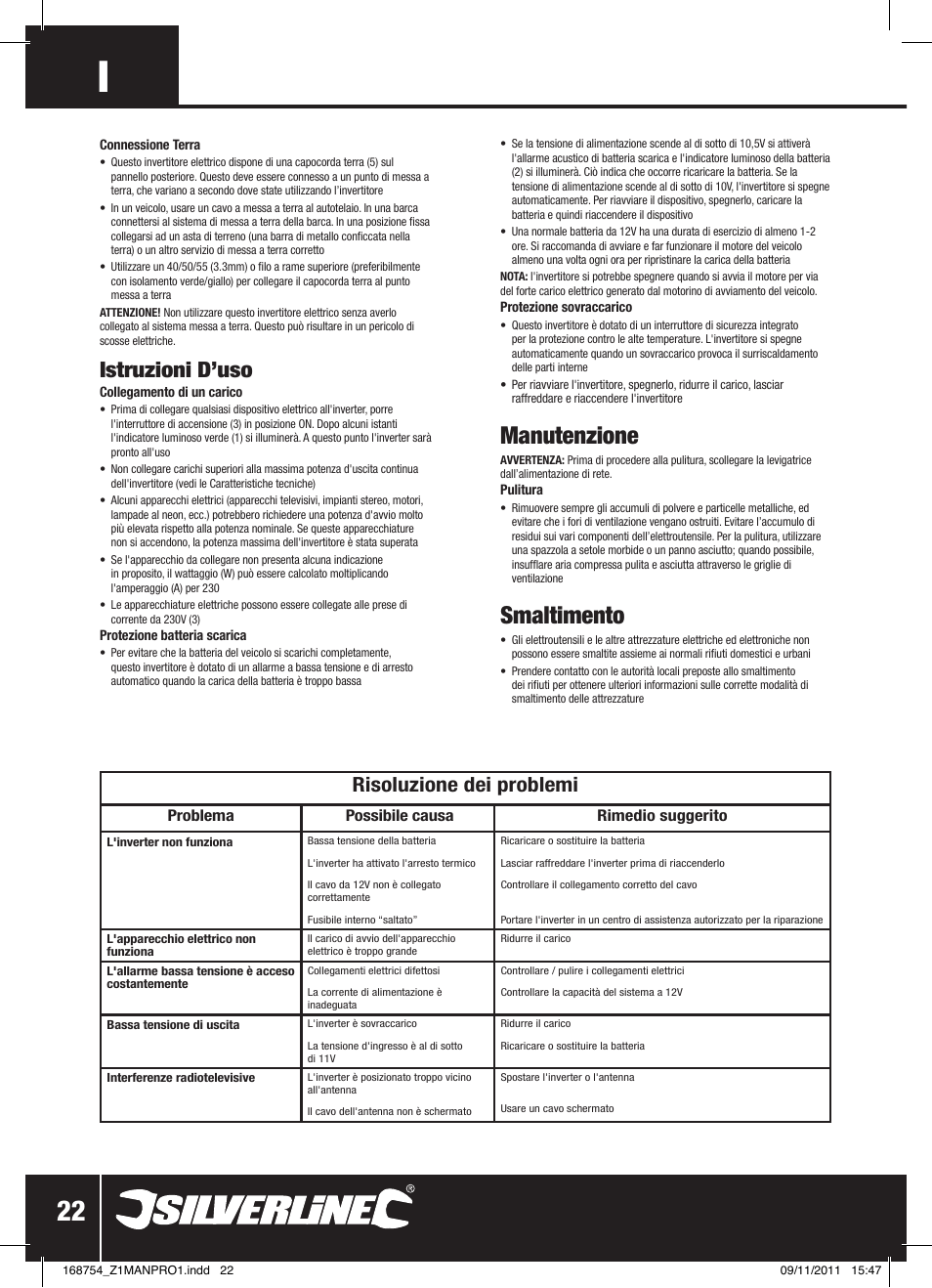 Manutenzione, Smaltimento, Istruzioni d’uso | Risoluzione dei problemi | Silverline Inverter 1000W User Manual | Page 23 / 28
