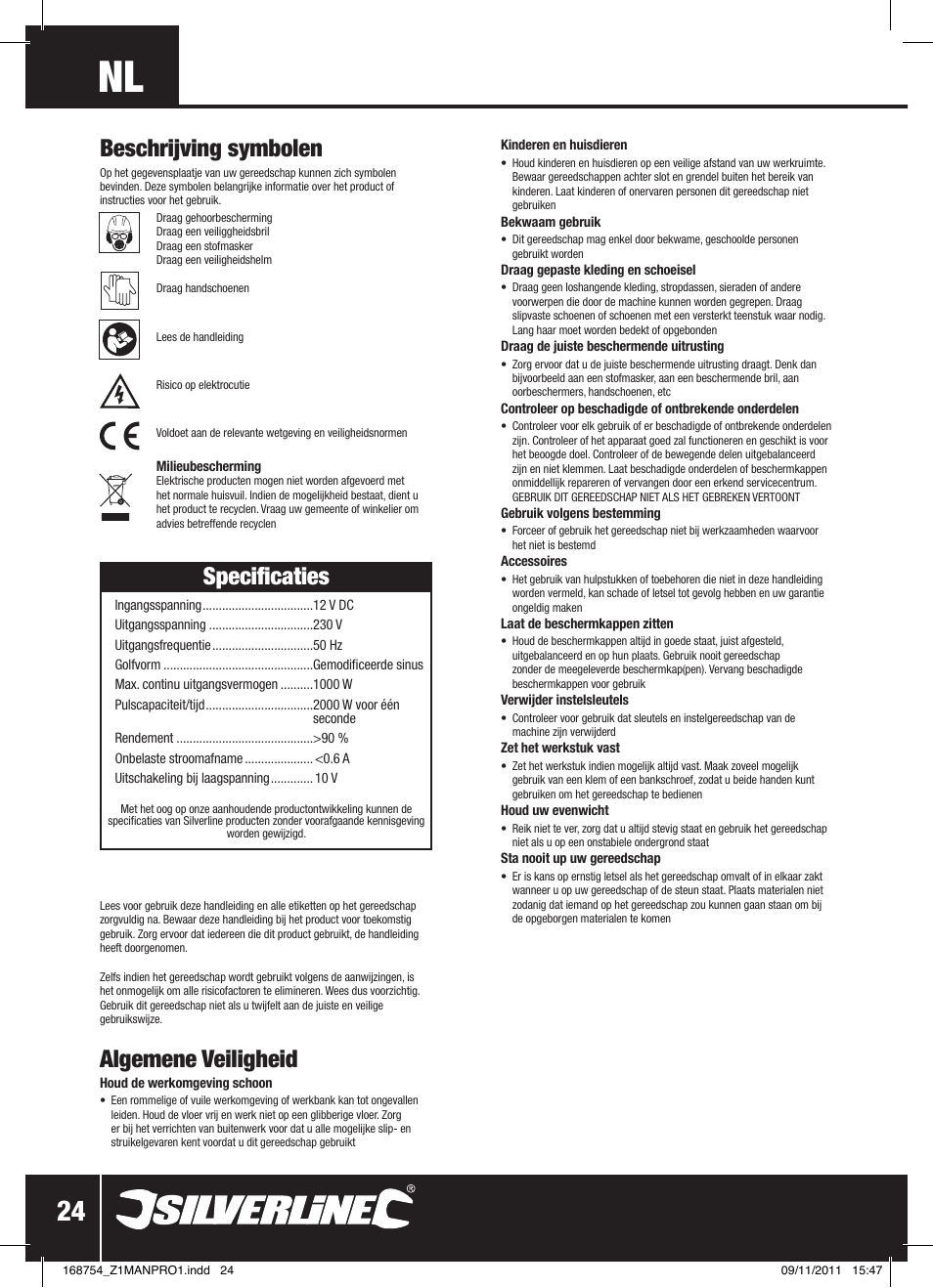 Specificaties, Beschrijving symbolen, Algemene veiligheid | Silverline Inverter 1000W User Manual | Page 25 / 28