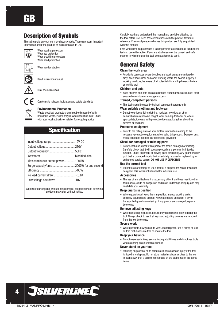 General safety, Specification, Description of symbols | Silverline Inverter 1000W User Manual | Page 5 / 28