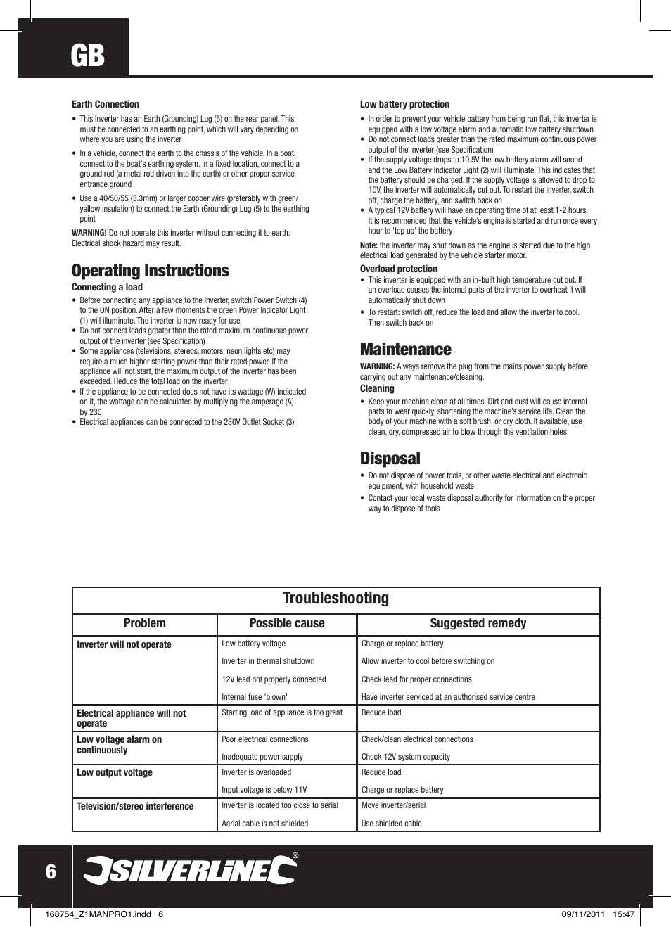 Operating instructions, Maintenance, Disposal | Troubleshooting, Problem possible cause suggested remedy | Silverline Inverter 1000W User Manual | Page 7 / 28