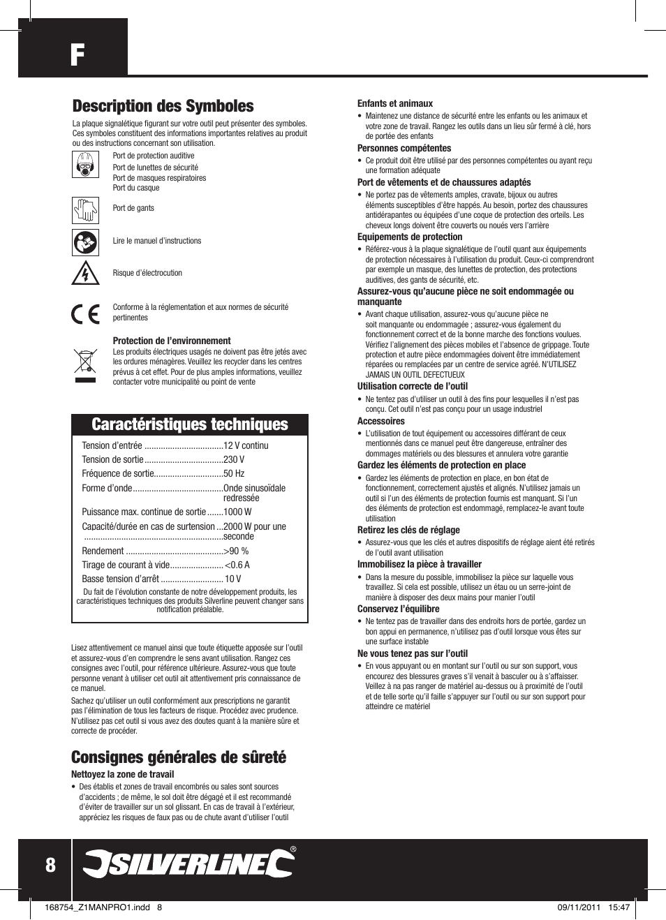 Caractéristiques techniques, Description des symboles, Consignes générales de sûreté | Silverline Inverter 1000W User Manual | Page 9 / 28