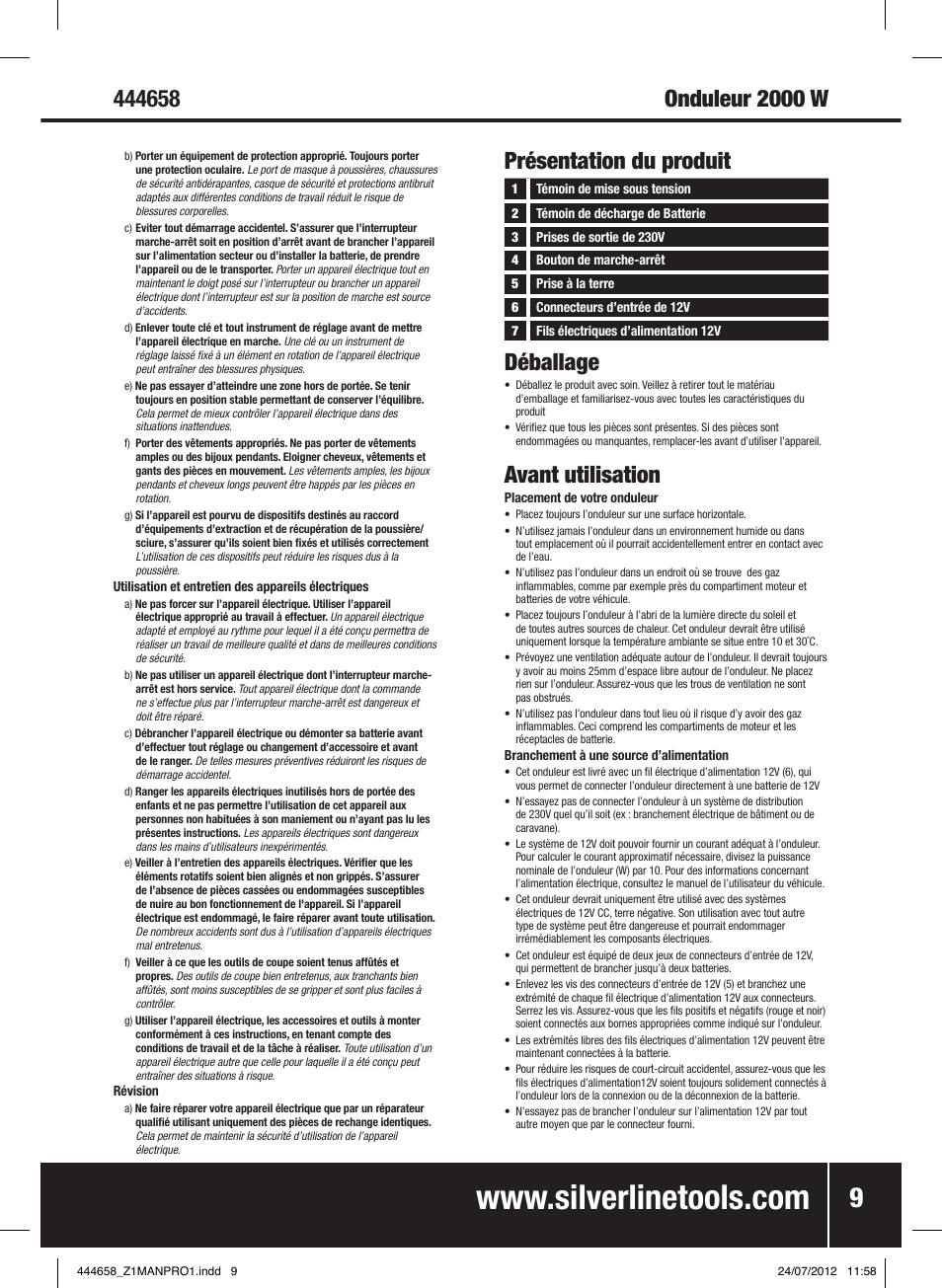 Déballage, Avant utilisation, Présentation du produit | Silverline Inverter 2000W User Manual | Page 10 / 28
