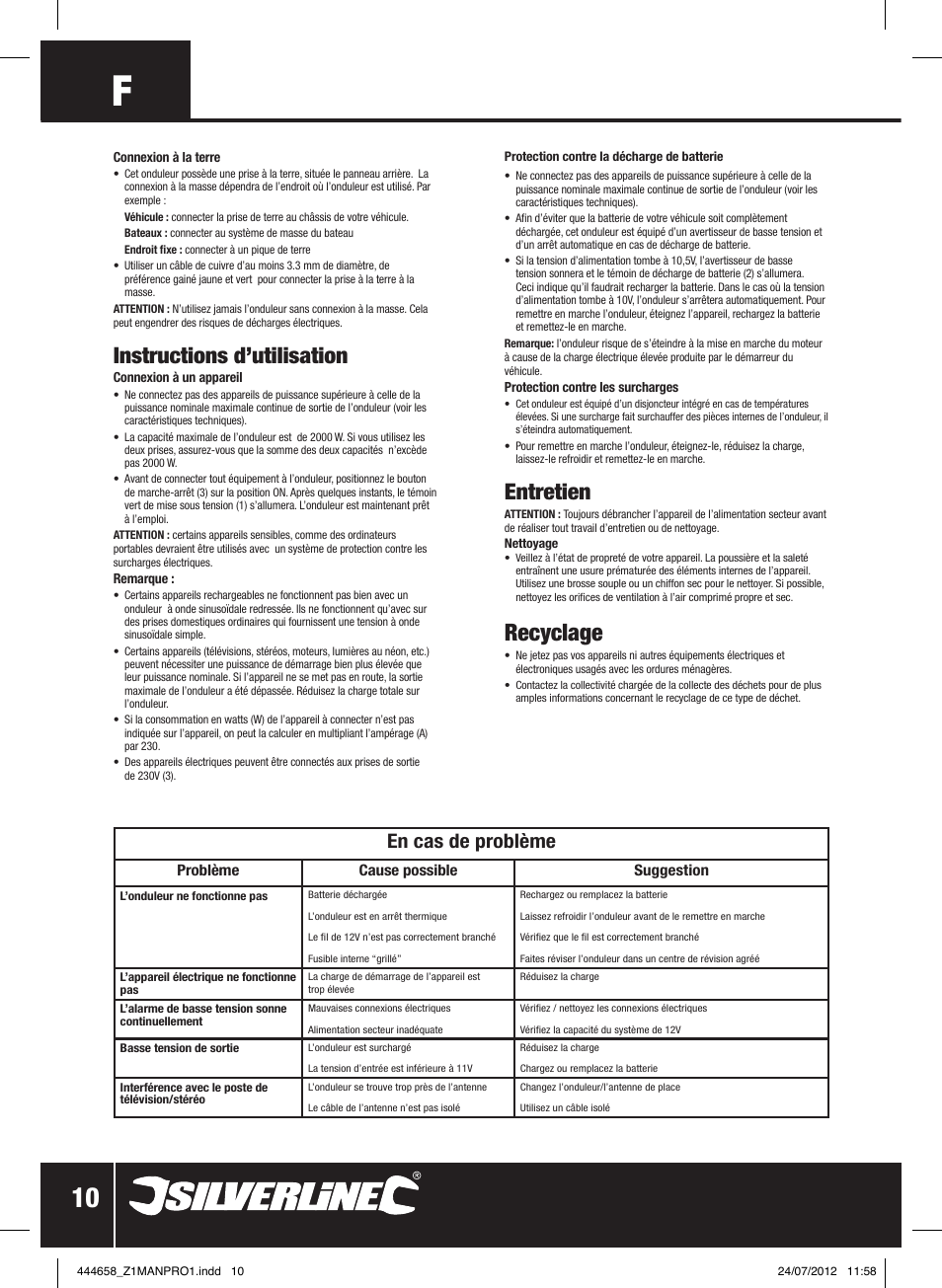 Recyclage, Instructions d’utilisation, Entretien | En cas de problème | Silverline Inverter 2000W User Manual | Page 11 / 28