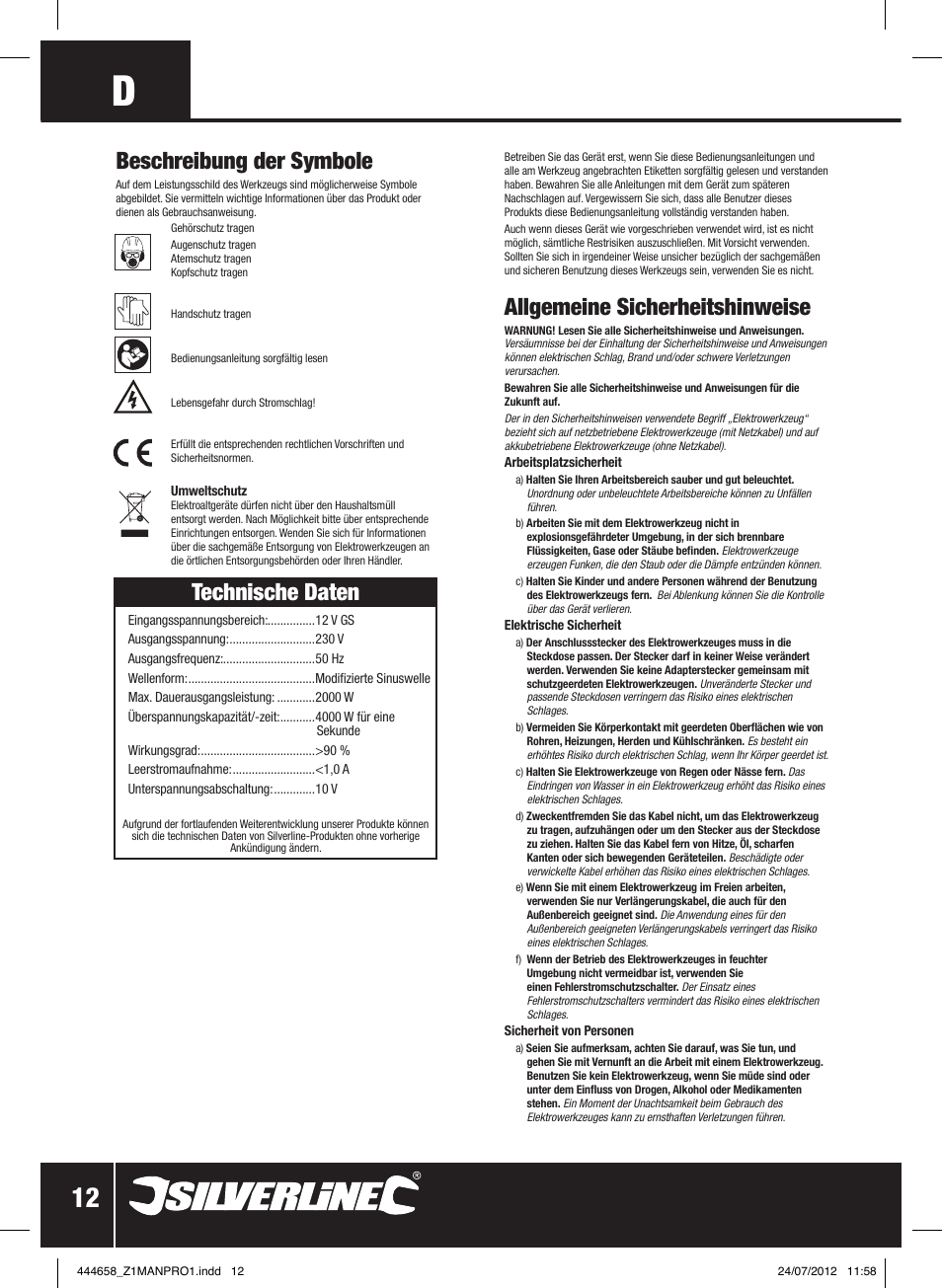 Allgemeine sicherheitshinweise, Technische daten, Beschreibung der symbole | Silverline Inverter 2000W User Manual | Page 13 / 28