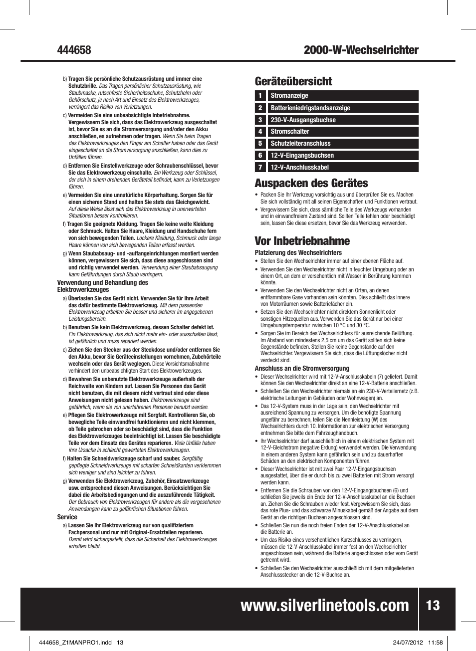 Auspacken des gerätes, Vor inbetriebnahme, Geräteübersicht | Silverline Inverter 2000W User Manual | Page 14 / 28