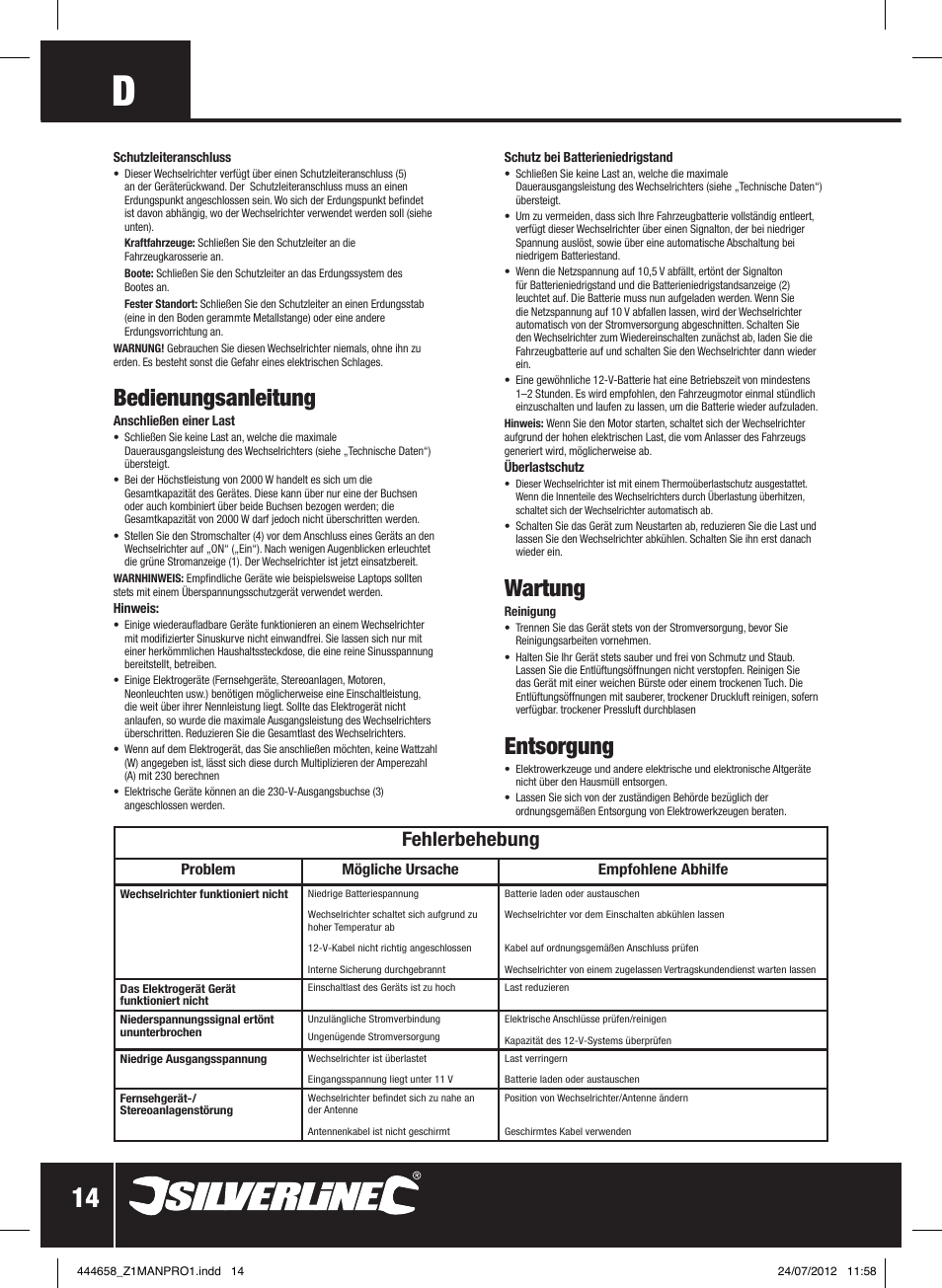 Wartung, Entsorgung, Bedienungsanleitung | Fehlerbehebung | Silverline Inverter 2000W User Manual | Page 15 / 28