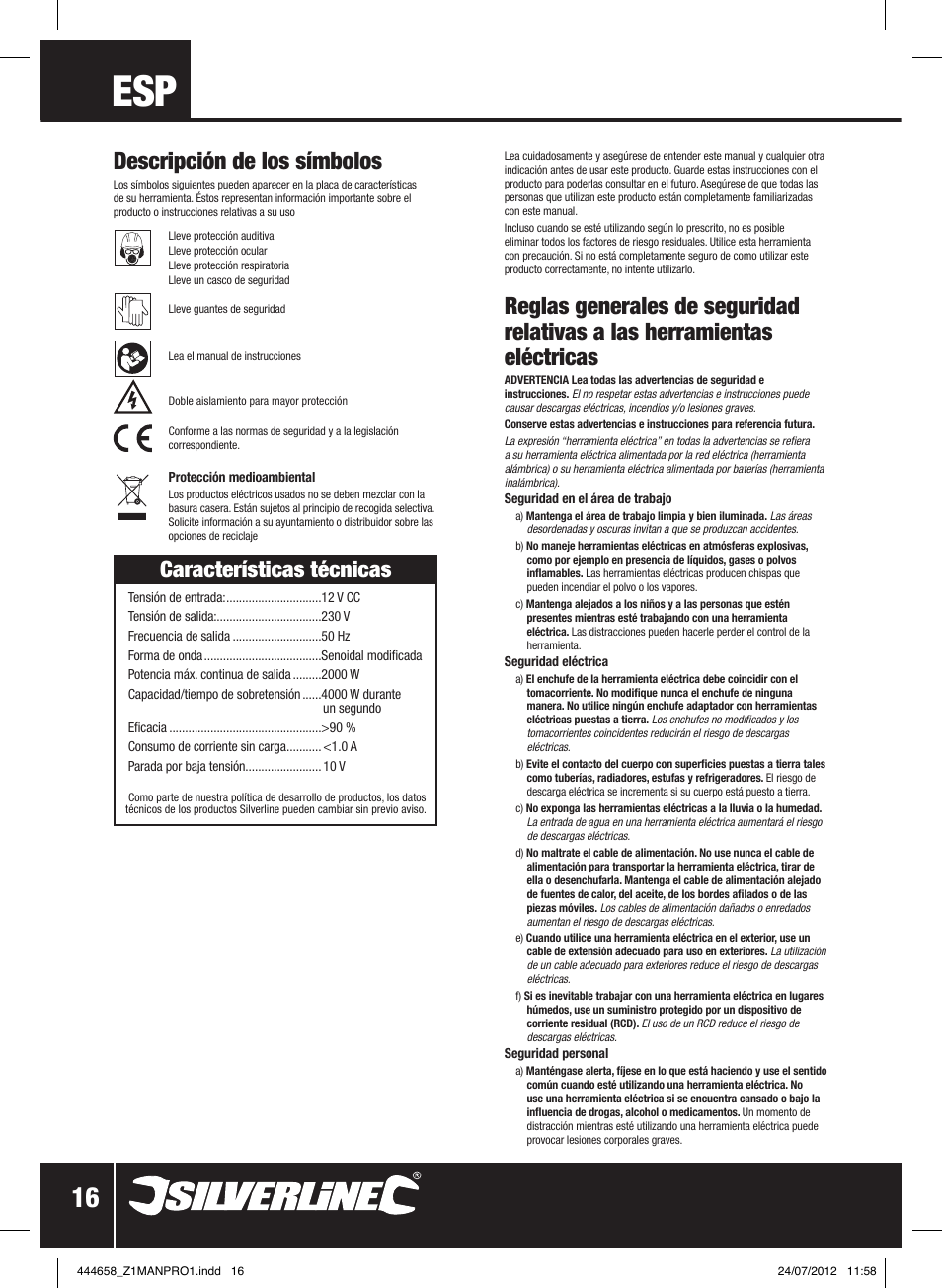 Características técnicas, Descripción de los símbolos | Silverline Inverter 2000W User Manual | Page 17 / 28