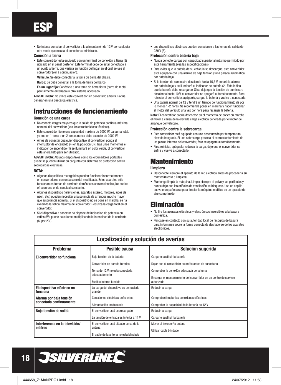 Mantenimiento, Eliminación, Instrucciones de funcionamiento | Localización y solución de averías, Problema posible causa solución sugerida | Silverline Inverter 2000W User Manual | Page 19 / 28