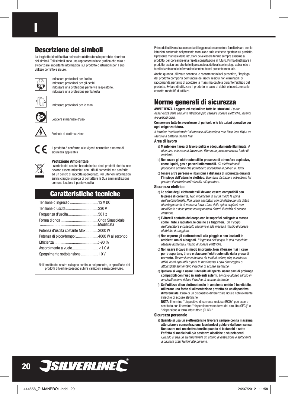 Norme generali di sicurezza, Caratteristiche tecniche, Descrizione dei simboli | Silverline Inverter 2000W User Manual | Page 21 / 28