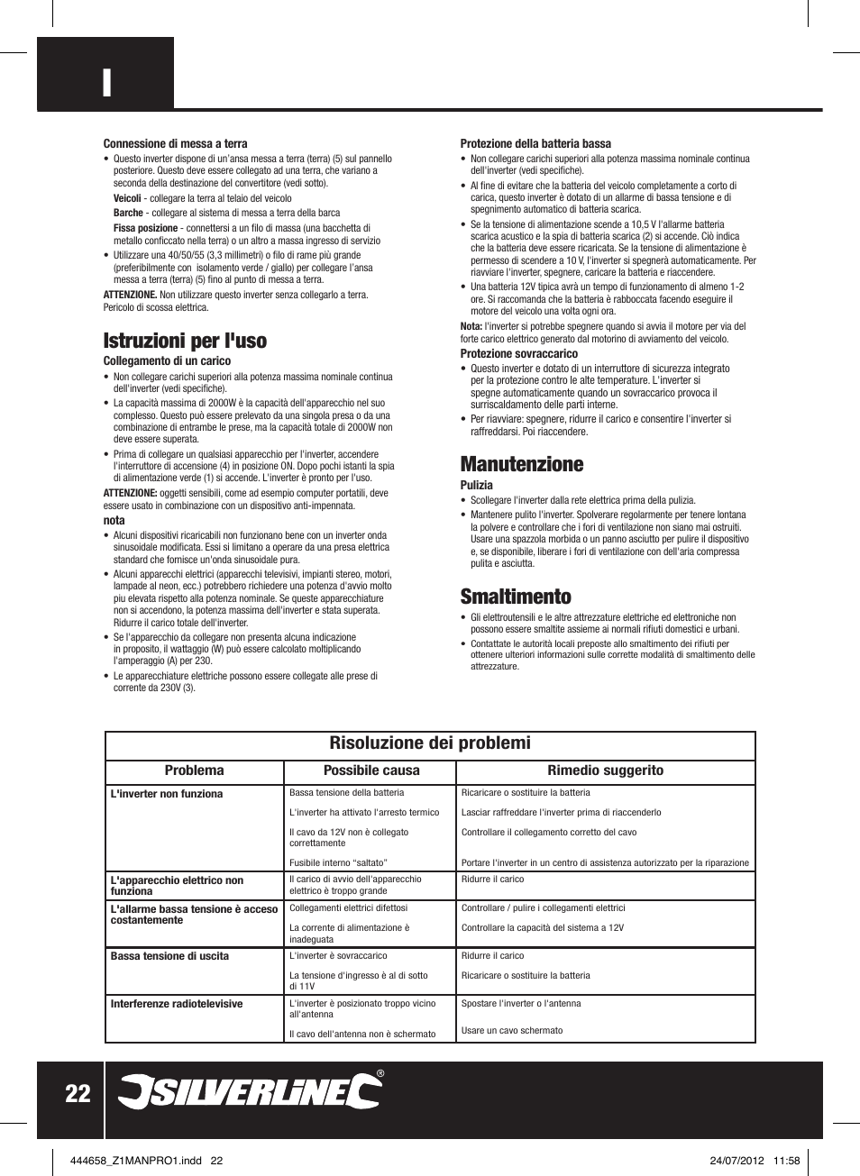 Istruzioni per l'uso, Manutenzione, Smaltimento | Risoluzione dei problemi | Silverline Inverter 2000W User Manual | Page 23 / 28
