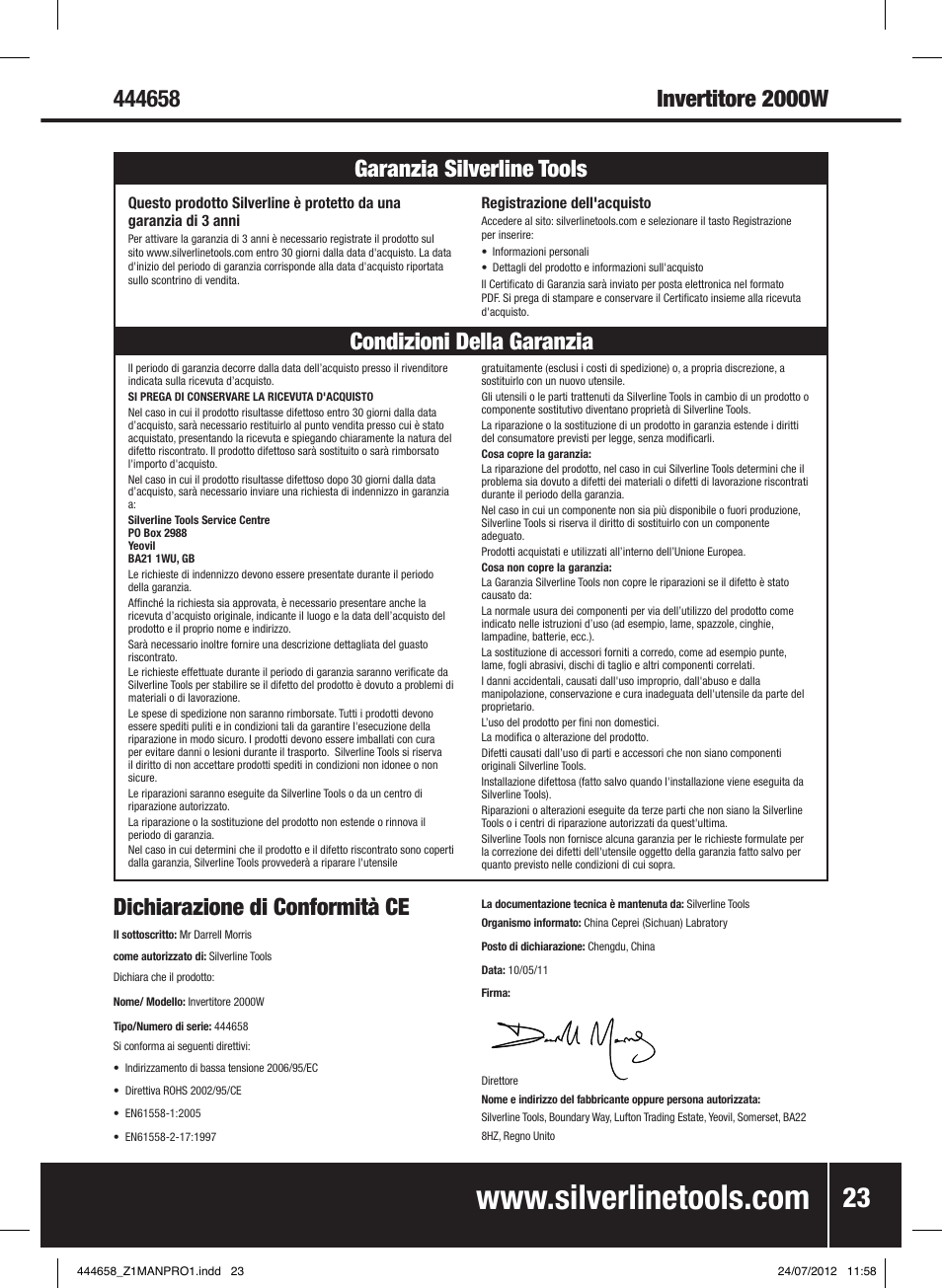 Dichiarazione di conformità ce, Risoluzione dei problemi | Silverline Inverter 2000W User Manual | Page 24 / 28
