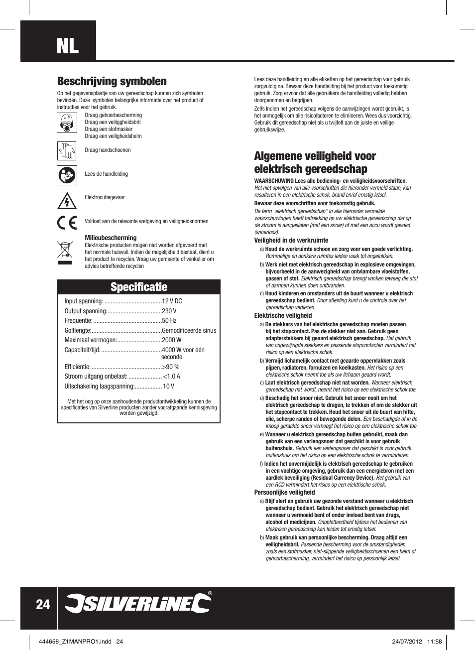 Algemene veiligheid voor elektrisch gereedschap, Specificatie, Beschrijving symbolen | Silverline Inverter 2000W User Manual | Page 25 / 28