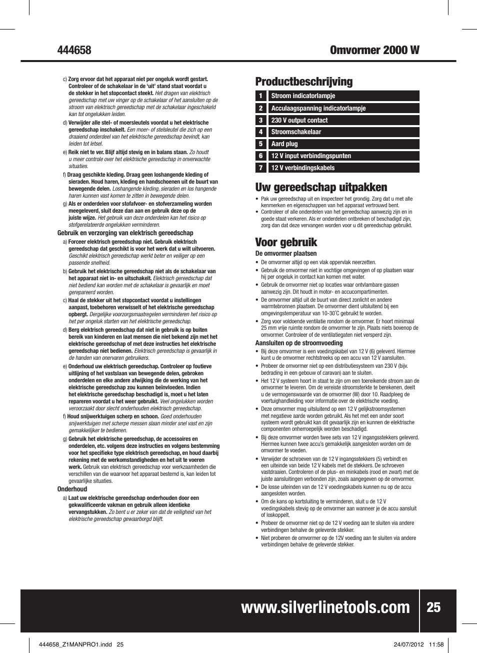 Uw gereedschap uitpakken, Voor gebruik, Productbeschrijving | Silverline Inverter 2000W User Manual | Page 26 / 28