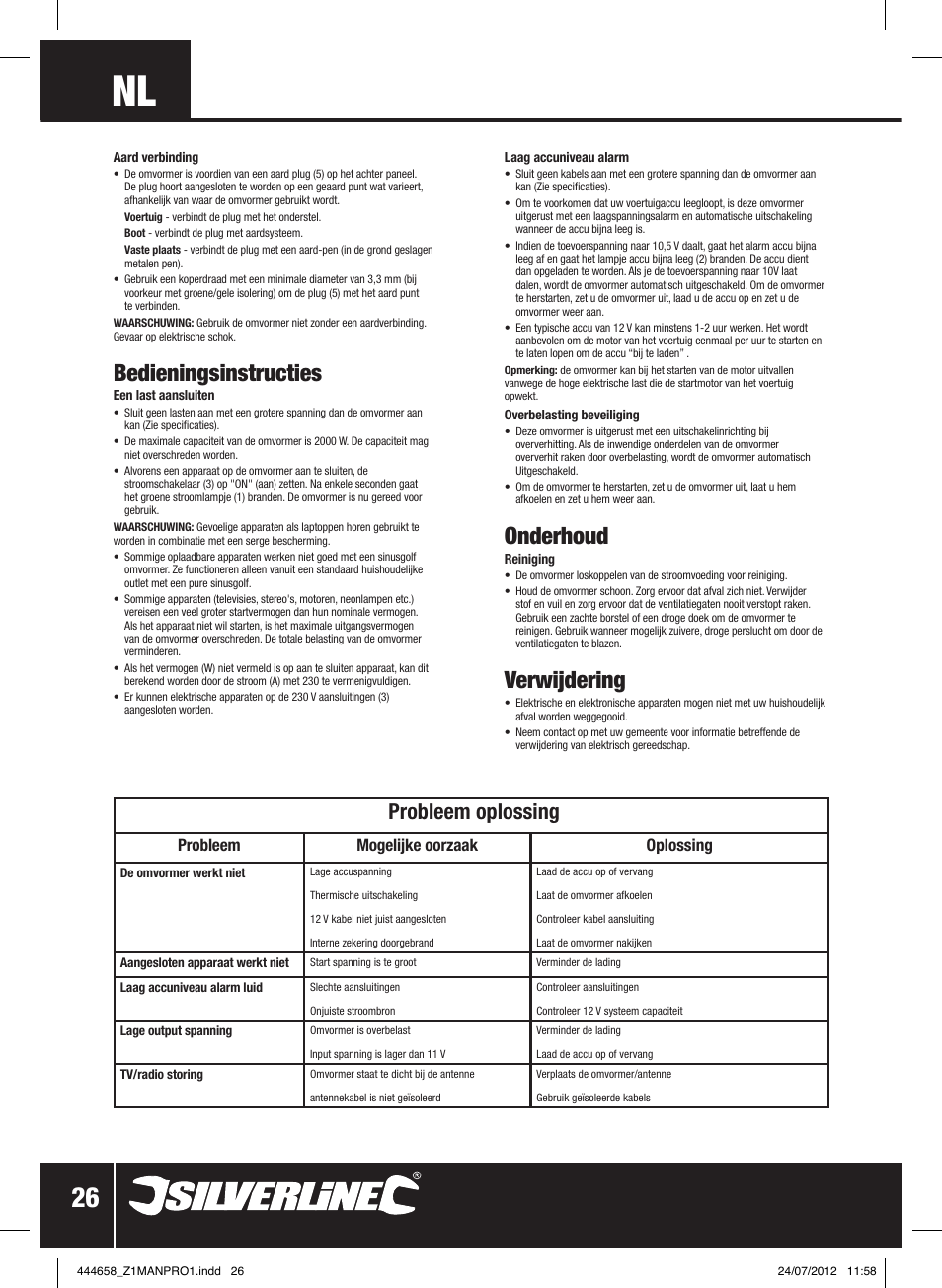 Bedieningsinstructies, Onderhoud, Verwijdering | Probleem oplossing, Probleem mogelijke oorzaak oplossing | Silverline Inverter 2000W User Manual | Page 27 / 28