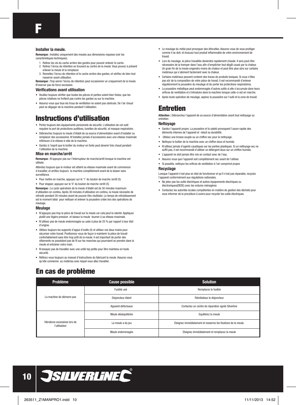 Entretien, Instructions d’utilisation, En cas de problème | Silverline Bench Grinder 150W User Manual | Page 11 / 28