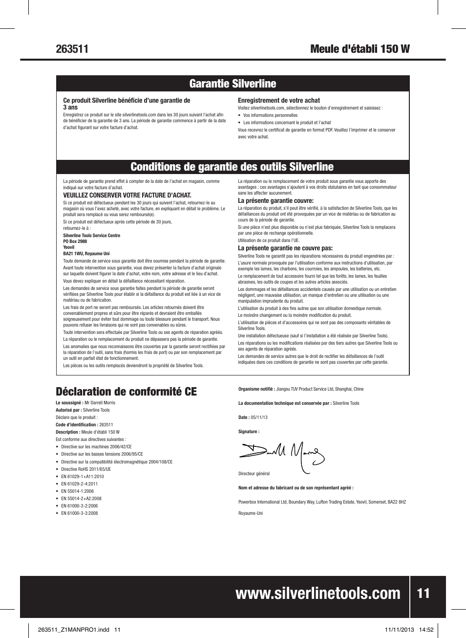 Déclaration de conformité ce | Silverline Bench Grinder 150W User Manual | Page 12 / 28