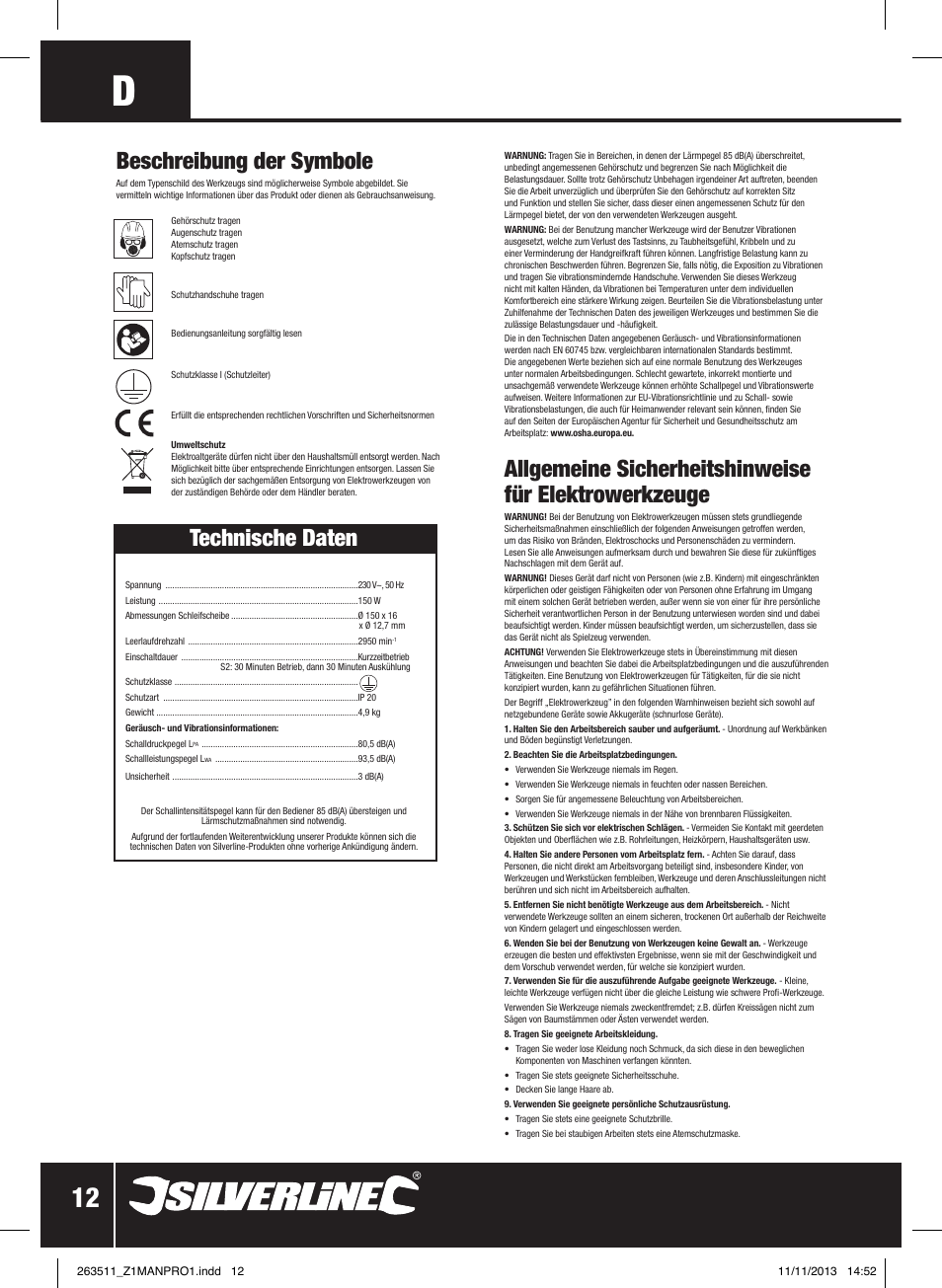 Beschreibung der symbole, Technische daten | Silverline Bench Grinder 150W User Manual | Page 13 / 28