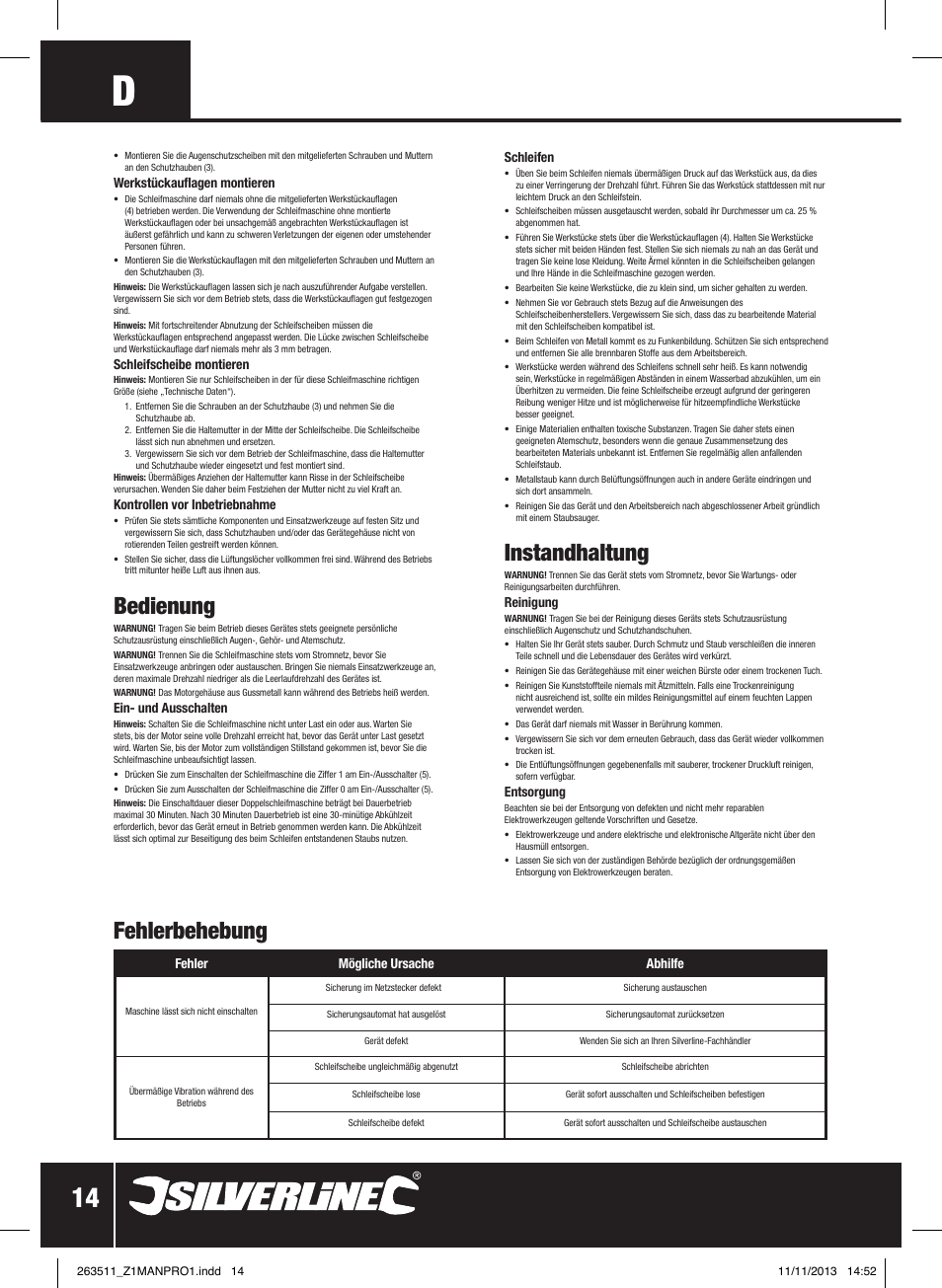 Instandhaltung, Bedienung, Fehlerbehebung | Silverline Bench Grinder 150W User Manual | Page 15 / 28