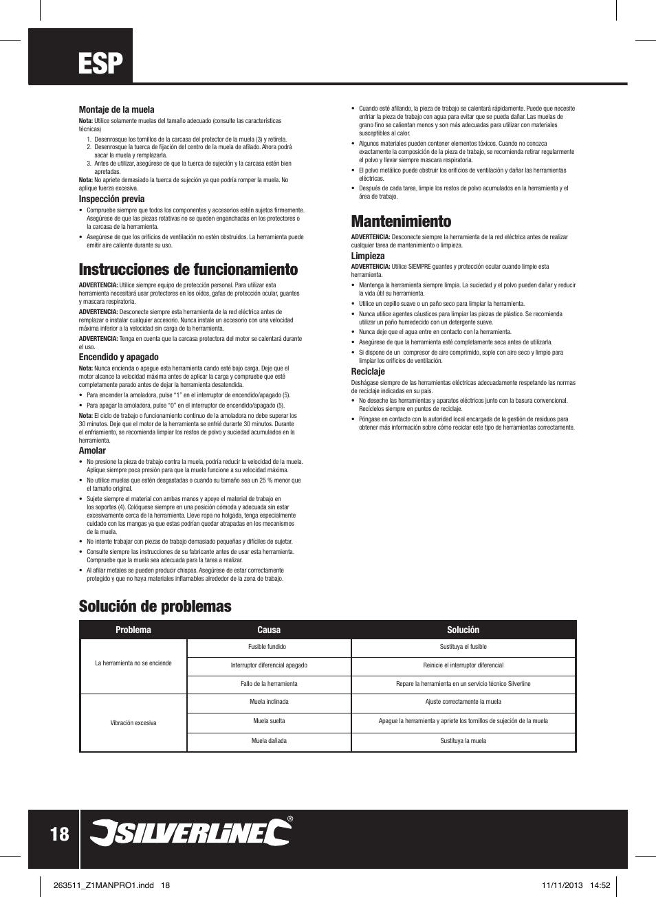 Mantenimiento, Instrucciones de funcionamiento, Solución de problemas | Silverline Bench Grinder 150W User Manual | Page 19 / 28