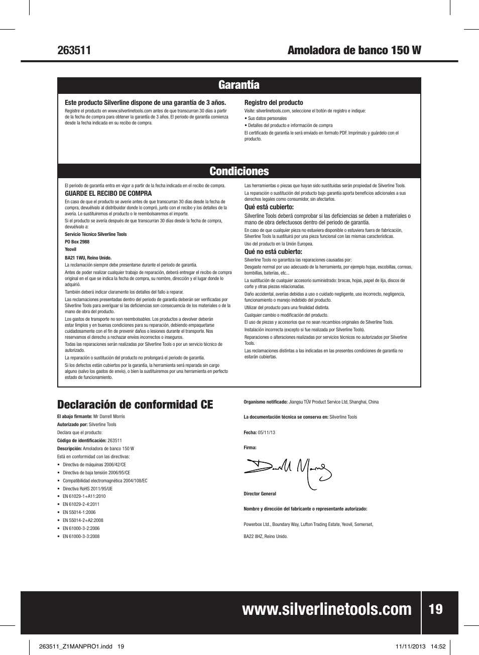 Declaración de conformidad ce | Silverline Bench Grinder 150W User Manual | Page 20 / 28