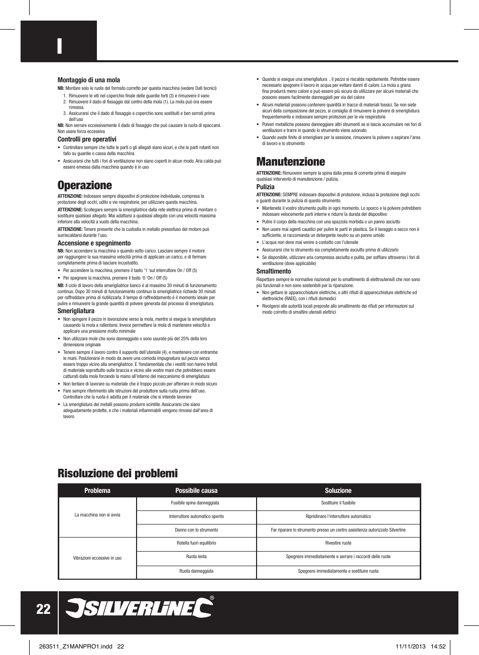 Operazione, Manutenzione, Risoluzione dei problemi | Silverline Bench Grinder 150W User Manual | Page 23 / 28