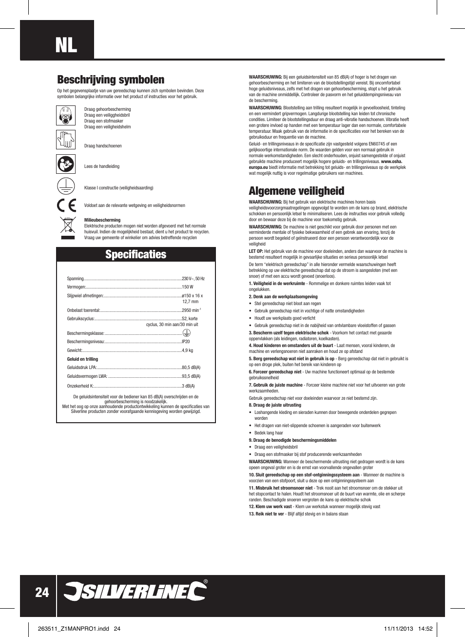 Specificaties, Beschrijving symbolen, Algemene veiligheid | Silverline Bench Grinder 150W User Manual | Page 25 / 28
