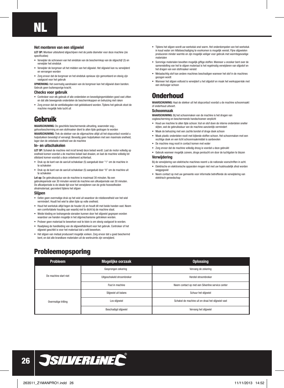 Gebruik, Onderhoud, Probleemopsporing | Silverline Bench Grinder 150W User Manual | Page 27 / 28
