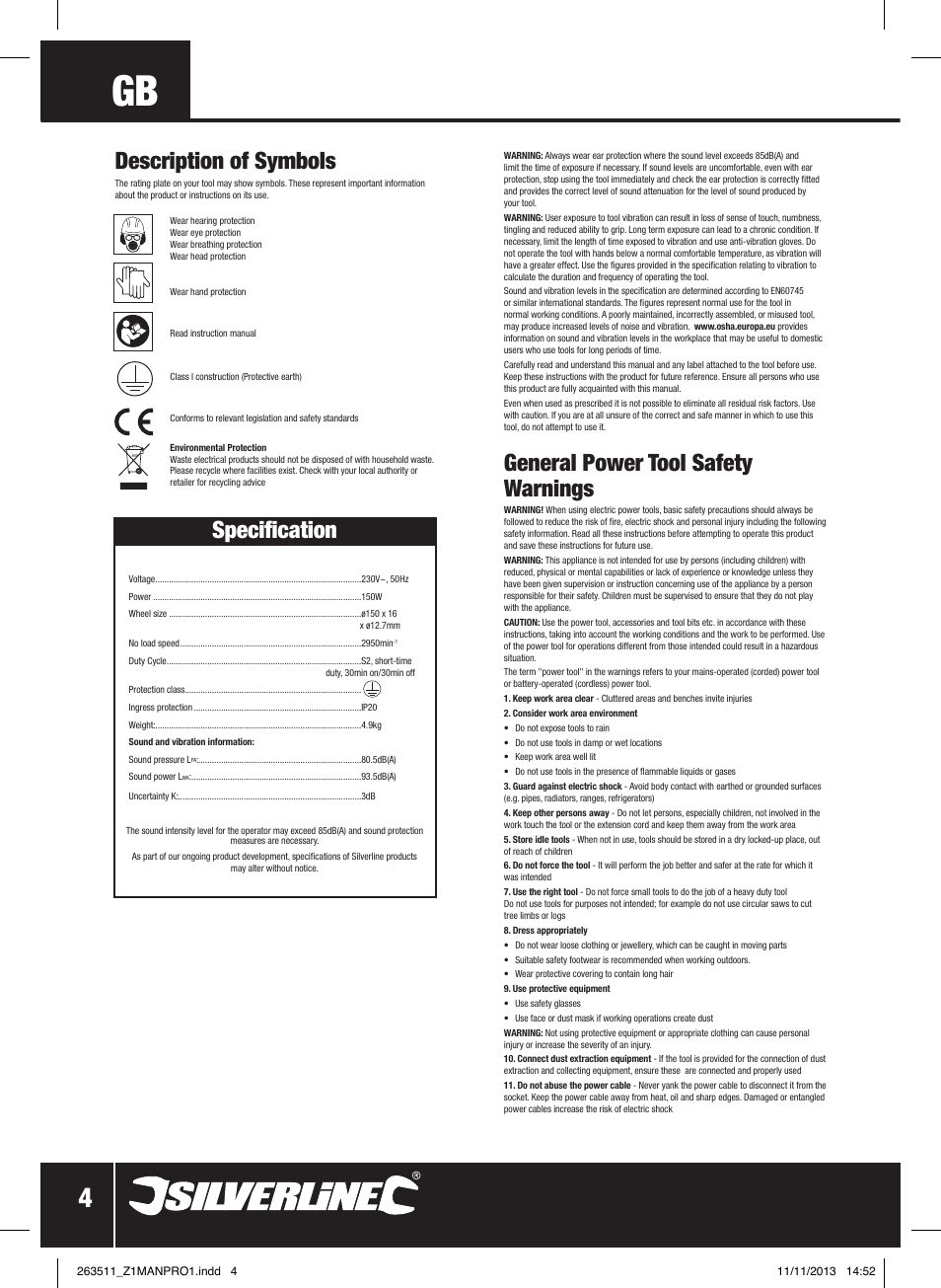 General power tool safety warnings, Description of symbols, Specification | Silverline Bench Grinder 150W User Manual | Page 5 / 28