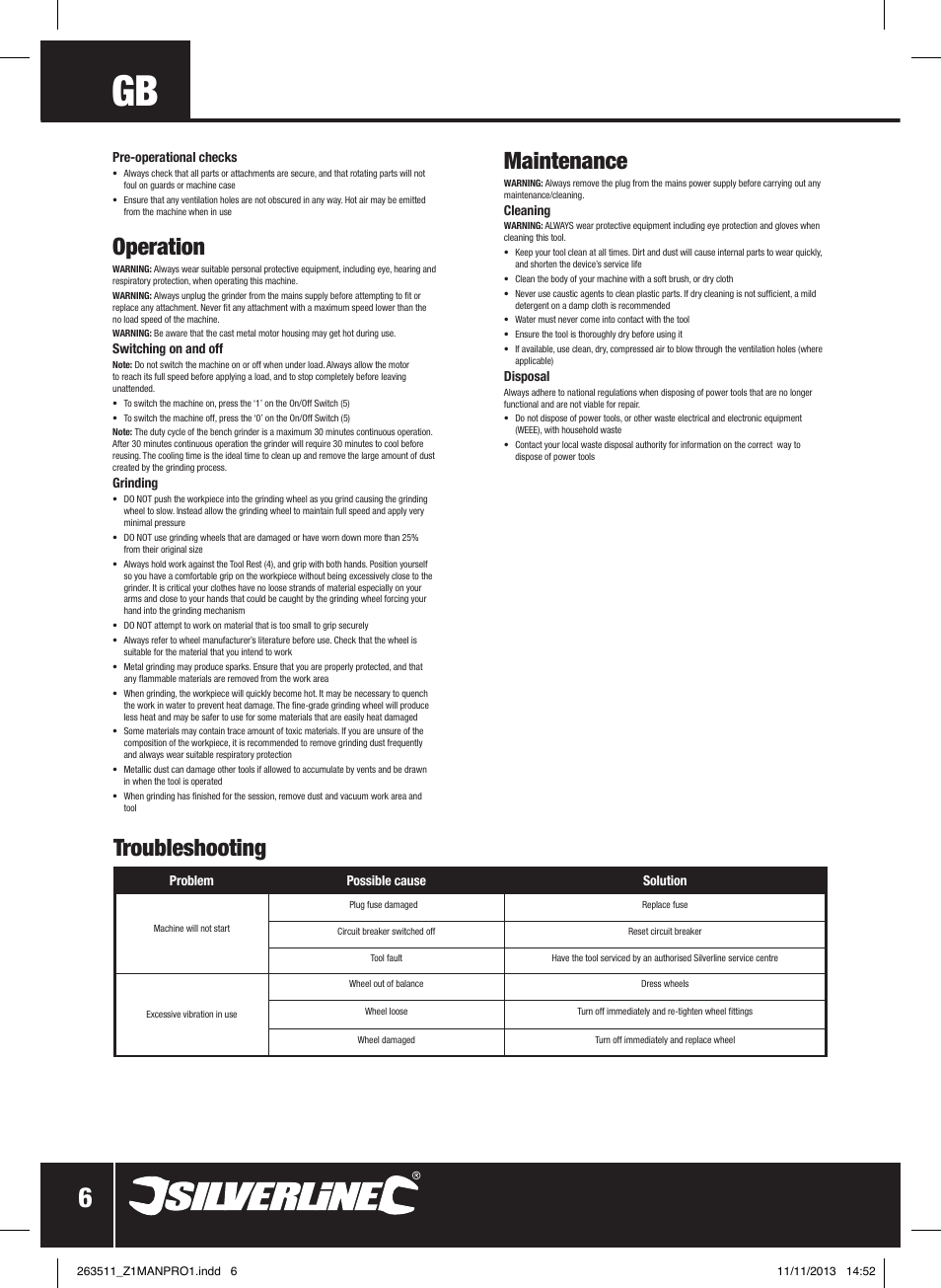 Operation, Troubleshooting maintenance | Silverline Bench Grinder 150W User Manual | Page 7 / 28