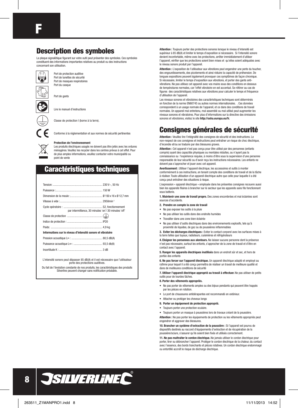 Description des symboles, Caractéristiques techniques, Consignes générales de sécurité | Silverline Bench Grinder 150W User Manual | Page 9 / 28