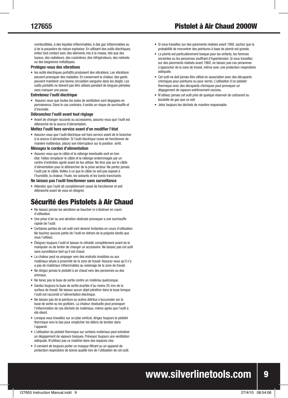 Sécurité des pistolets à air chaud | Silverline Hot Air Gun 2000W User Manual | Page 10 / 28